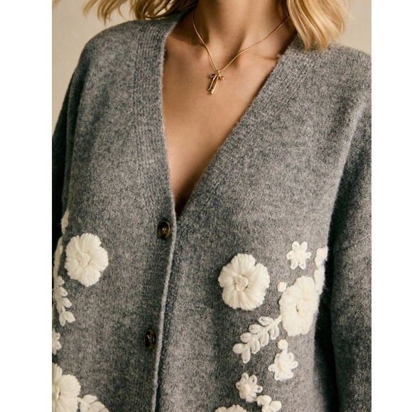 Gray Knit Oversized Cardigan White Floral Embroidery Button Down - Picture 5 of 10
